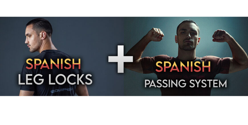 Dos portadas de cursos de Jiu-Jitsu en español muestran a un instructor de perfil y a otro flexionando los brazos, con textos Spanish Leg Locks y Spanish Passing System.