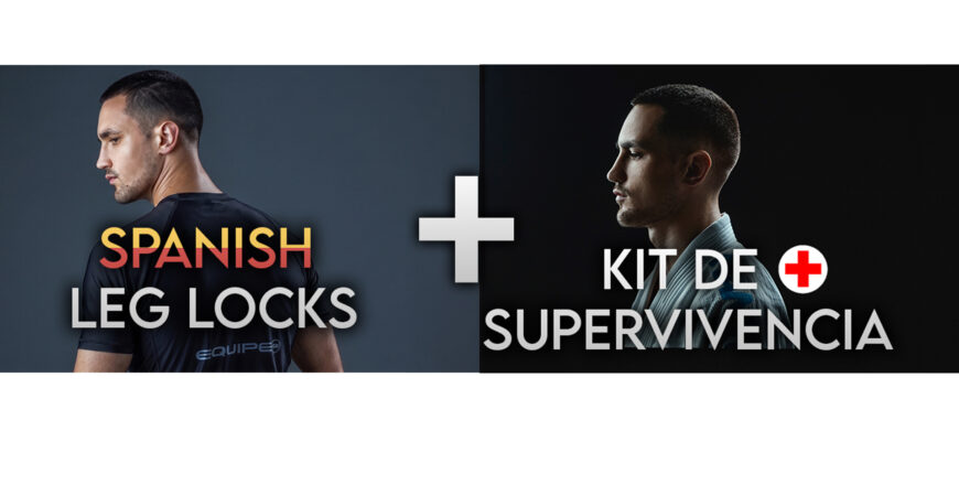 Dos perfiles masculinos aparecen frente a fondo oscuro con el texto "SPANISH LEG LOCKS" y "KIT DE SUPERVIVENCIA" separado por un signo más.