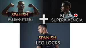 Tres paneles de cursos de jiu-jitsu muestran Spanish Passing System, Kit de Supervivencia y Spanish Leg Locks con un gran signo más entre ellos.