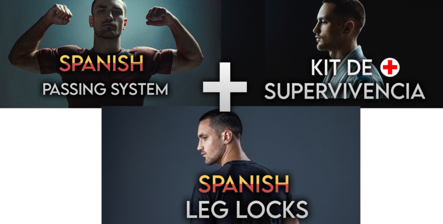 Tres paneles de cursos de jiu-jitsu muestran Spanish Passing System, Kit de Supervivencia y Spanish Leg Locks con un gran signo más entre ellos.
