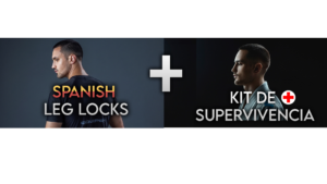 Dos hombres de perfil aparecen frente a frente en un diseño dividido, con los textos “SPANISH LEG LOCKS” y “KIT DE SUPERVIVENCIA” unidos por un signo más.
