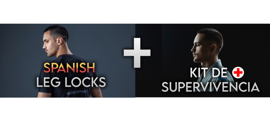 Dos hombres de perfil aparecen frente a frente en un diseño dividido, con los textos “SPANISH LEG LOCKS” y “KIT DE SUPERVIVENCIA” unidos por un signo más.