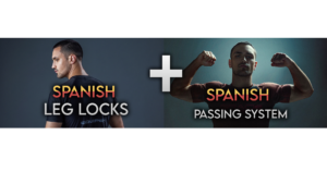 Dos luchadores de Jiu-Jitsu aparecen junto a los textos "SPANISH LEG LOCKS" y "SPANISH PASSING SYSTEM", separados por un signo más.