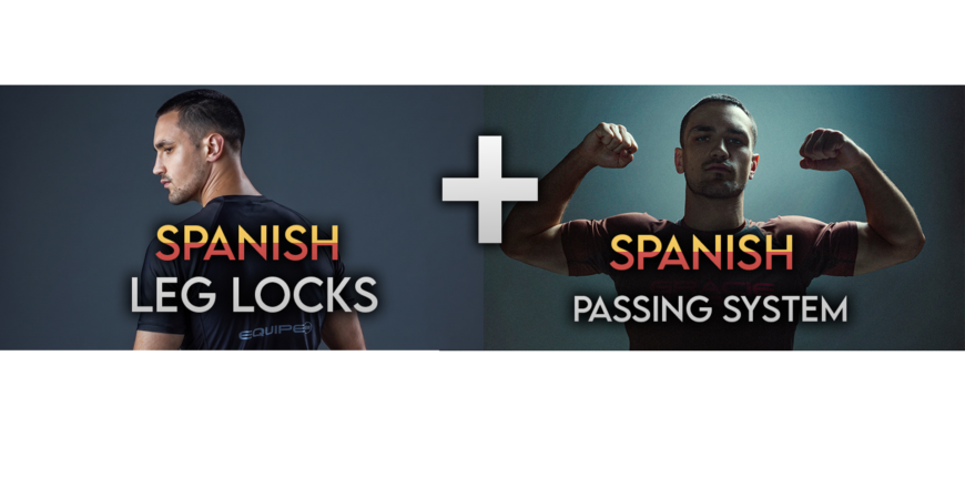 Dos luchadores de Jiu-Jitsu aparecen junto a los textos "SPANISH LEG LOCKS" y "SPANISH PASSING SYSTEM", separados por un signo más.