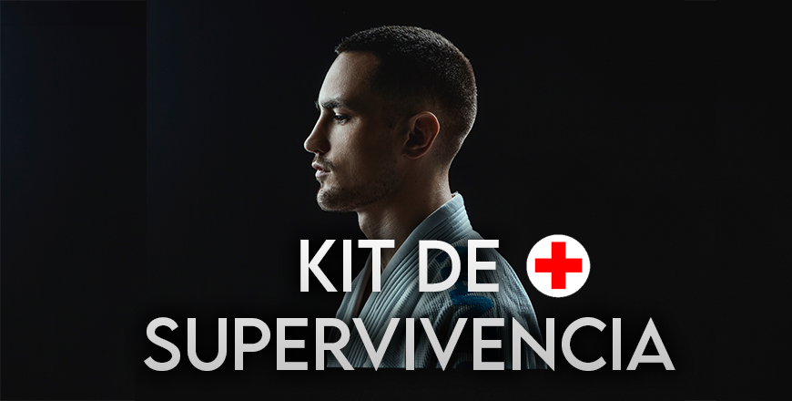 Un practicante de jiu-jitsu aparece de perfil sobre fondo oscuro con el texto 'KIT DE SUPERVIVENCIA' en letras grandes y una cruz roja junto al título.