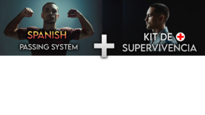Banner de Spanish Jiu-jitsu con dos retratos masculinos y los textos Spanish Passing System y Kit de Supervivencia.